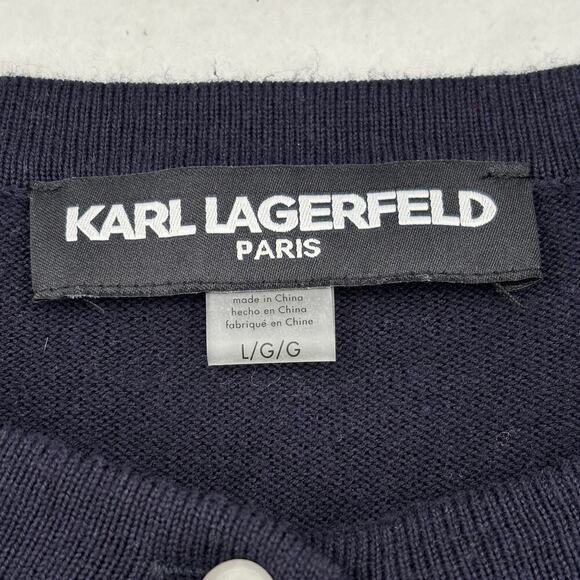 Karl Lagerfeld Paris Cardigan Sweater Size L Blue Sheer Front 3D Flowers - Picture 3 of 12